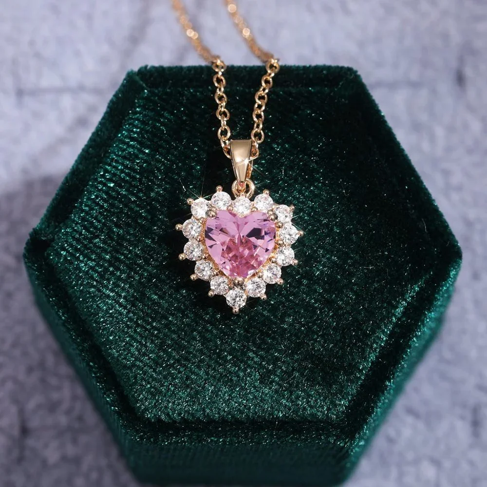 🎀Pink Diamond Heart Flower Rose Gold Plated CZ Heart Necklace, EVGG1106 - Picture 3 of 6
